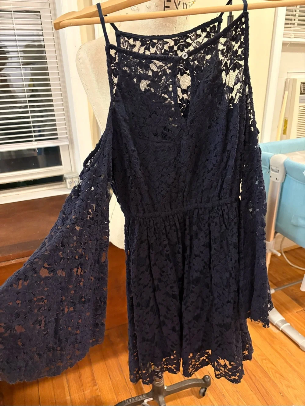 Navy Lace Party Dress with Spaghetti Straps and wavy sleeves